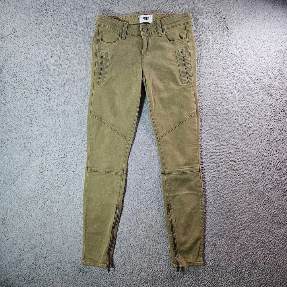 Paige Pants‎ Jeans Women Size 25 Skinny Stretch Zip Detailed Olive Green
